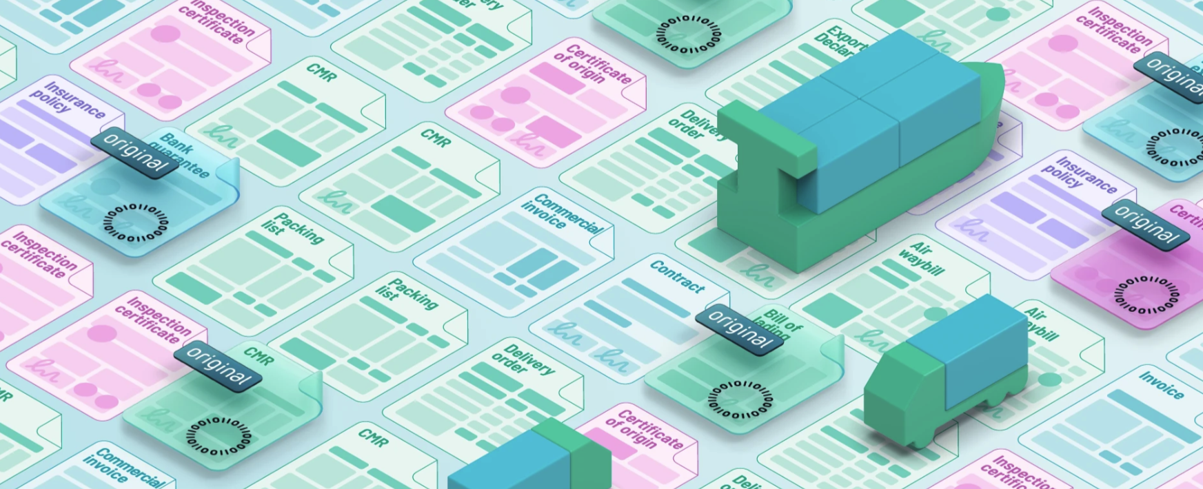 An image showing graphic representations of many different types of electronic trade documents, as provided by Enigio and trace:original