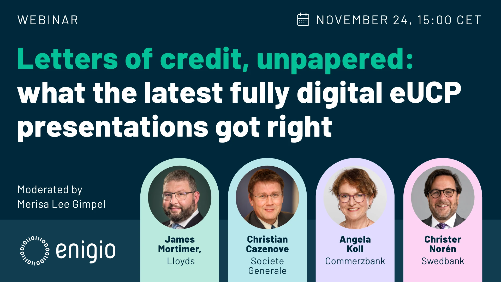 Banner advertising Enigio's webinar on digital letters of credit with e-presentation featuring speakers from Lloyds, Commerzbank, Societe Generale, and Swedbank