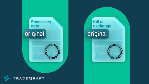 Graphic showing digital negotiable instruments by Enigio and the TradeQraft logo