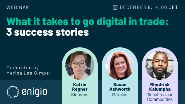 Webinar image promoting webinar on digital trade for corporates, featuring profile photos of speakers from Siemens, Global Tea, and Matalan